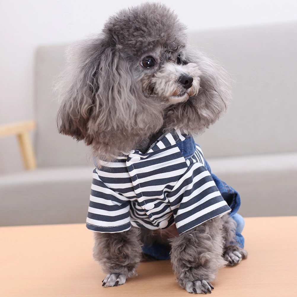 

Pet Dog Denim Jumpsuit Striped Suspenders One-piece Pants Four Legged Clothes Warm Charming Everyday Photoshoot Trendy