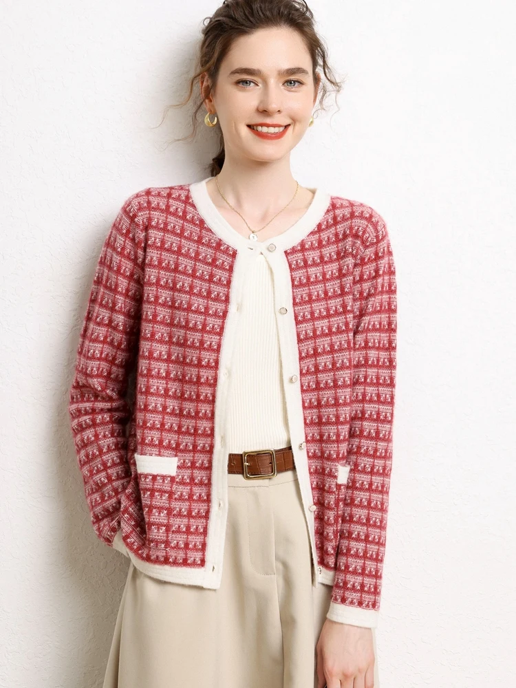 Новые шикарные женские свитера из чистого кашемира, осенне-зимний теплый клетчатый кардиган с v-образным вырезом, 100% кашемировый трикотаж, топы в винтажном стиле