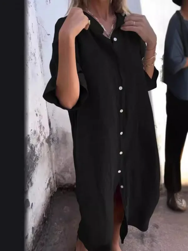 レディースカジュアルミッドスリーブシャツドレス綿麻春シーズン薄手生地通勤スタイルルーズウエストその他素材00%