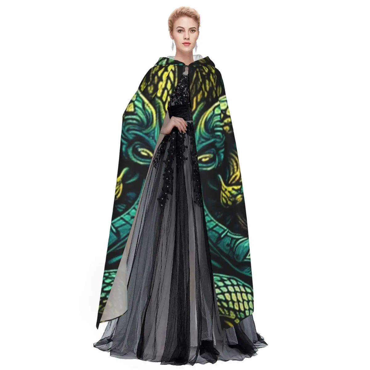 Slang Reptieleffect Patroon Stof Textiel Lange Kapmantel Heks Middeleeuws Kostuum Cosplay Cape HalloweenCoat Volwassen Unisex