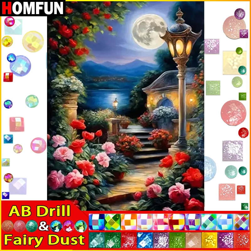 

HOMFUN Fairy Dust AB Diy Full Square Round Drill 5D Diamond Painting Diamond Embroidery "Scenery Flower Moon" Home Decor Gift