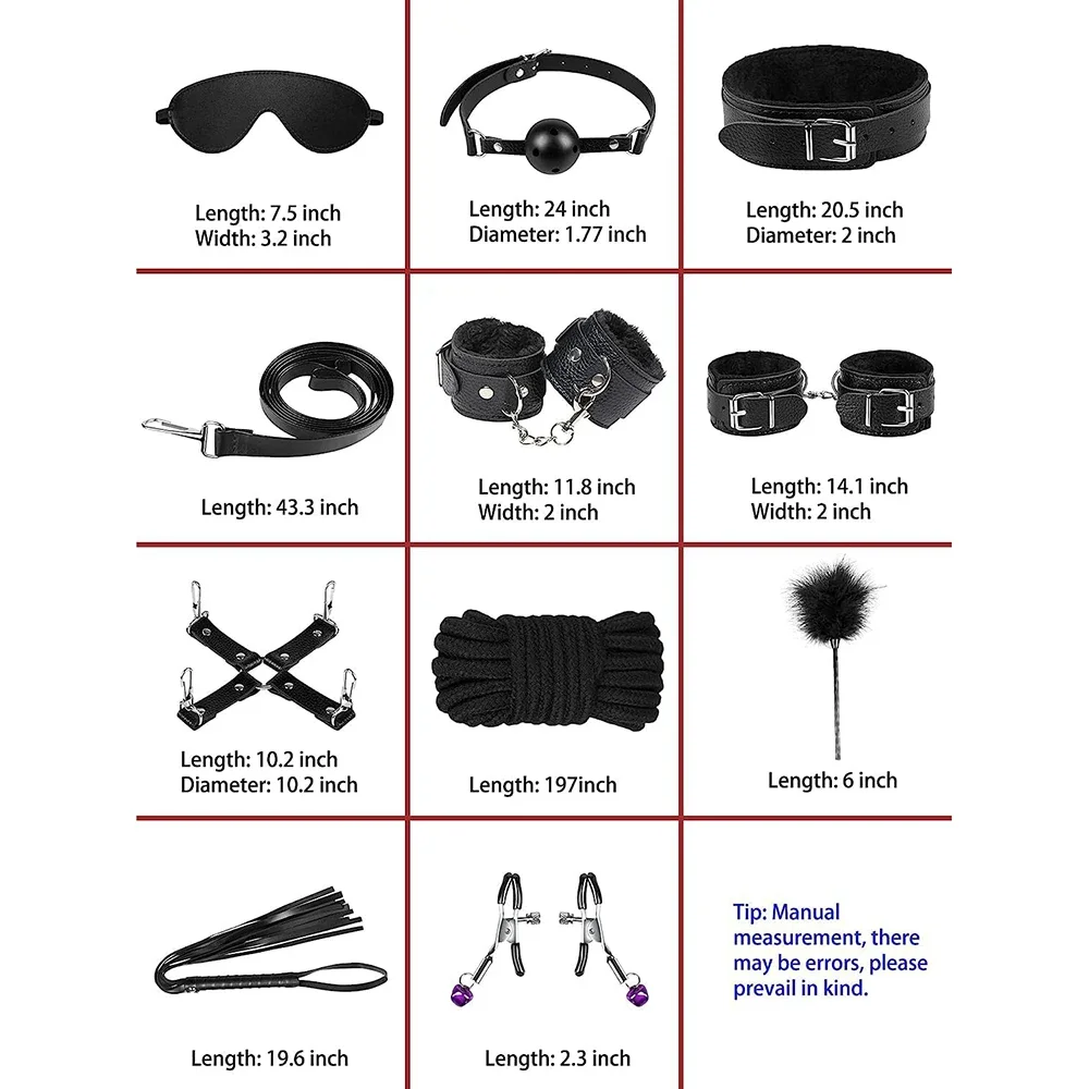 11pcs Plush Leather Handcuff BDSM Sexual Collar Blindfold Set Couple Clamps Harness Sadomasochism Black String Whip Bondage Kit