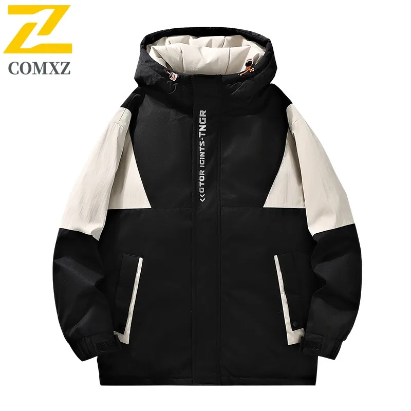 COMXZ 2025 Mens Puffer Jacket Fleece Thermal waterproof and windproof solid color leisure outdoor sports lightweight windbreaker