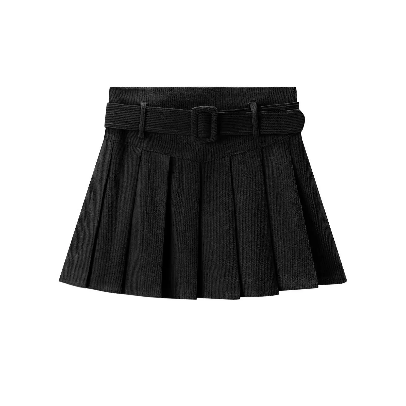 Dames mini-jurk met cinchetaille Herfstwinter Modieuze afslankende plooirok met riem Corduroy Korte petticoat met hoge taille