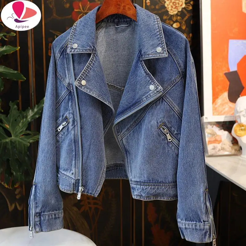 APIPEE New Spring Autumn Women Casual Moto Biker Denim Jacket Lady Vintage Loose Lapel Zipper Solid Color Short Cowboy Coat