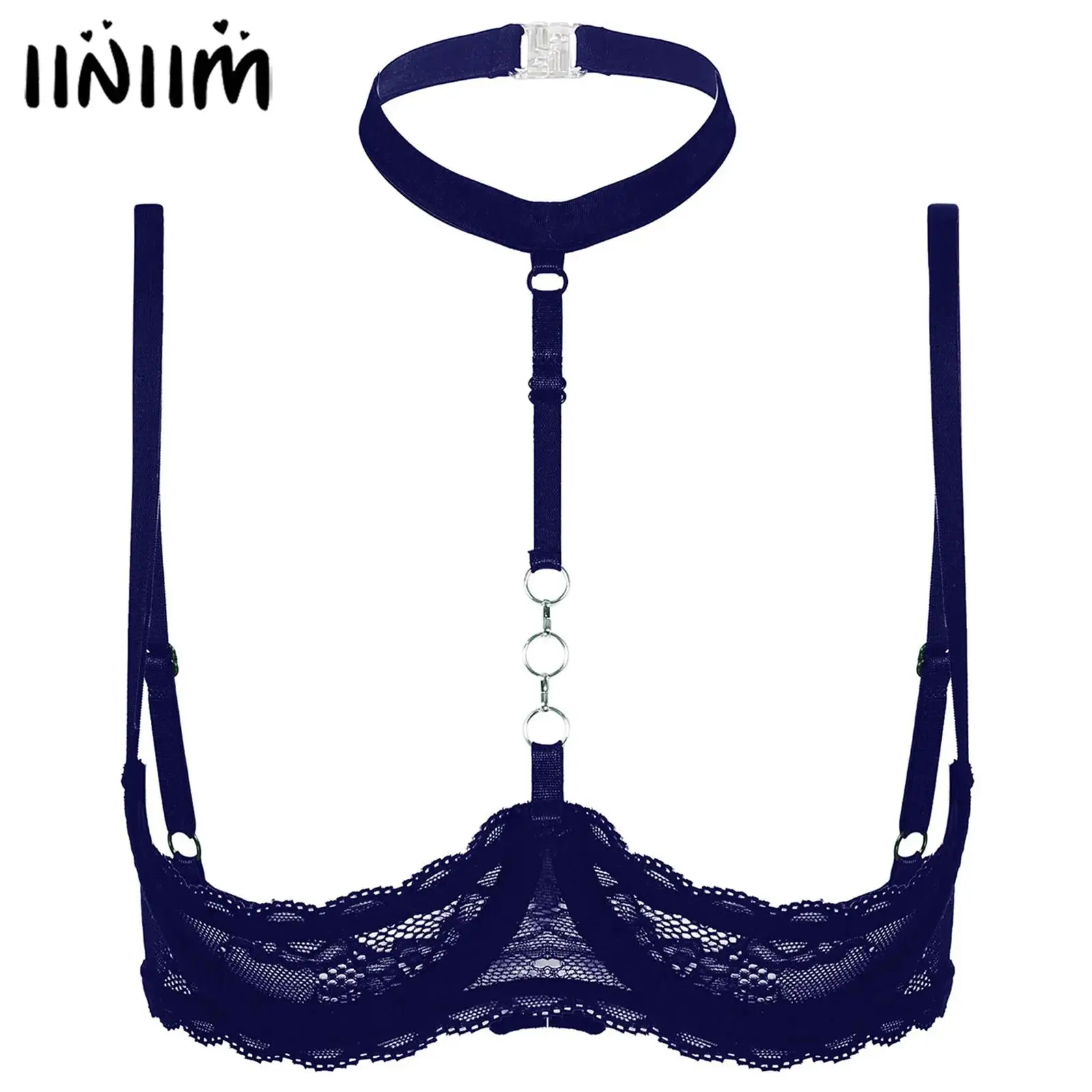 

Womens 1/4 Cups Underwire Bra Halter Neck O Ring Sheer Lace Push Up Open Breast Cup Exposed Nipple Brassiere Lingerie Underwear