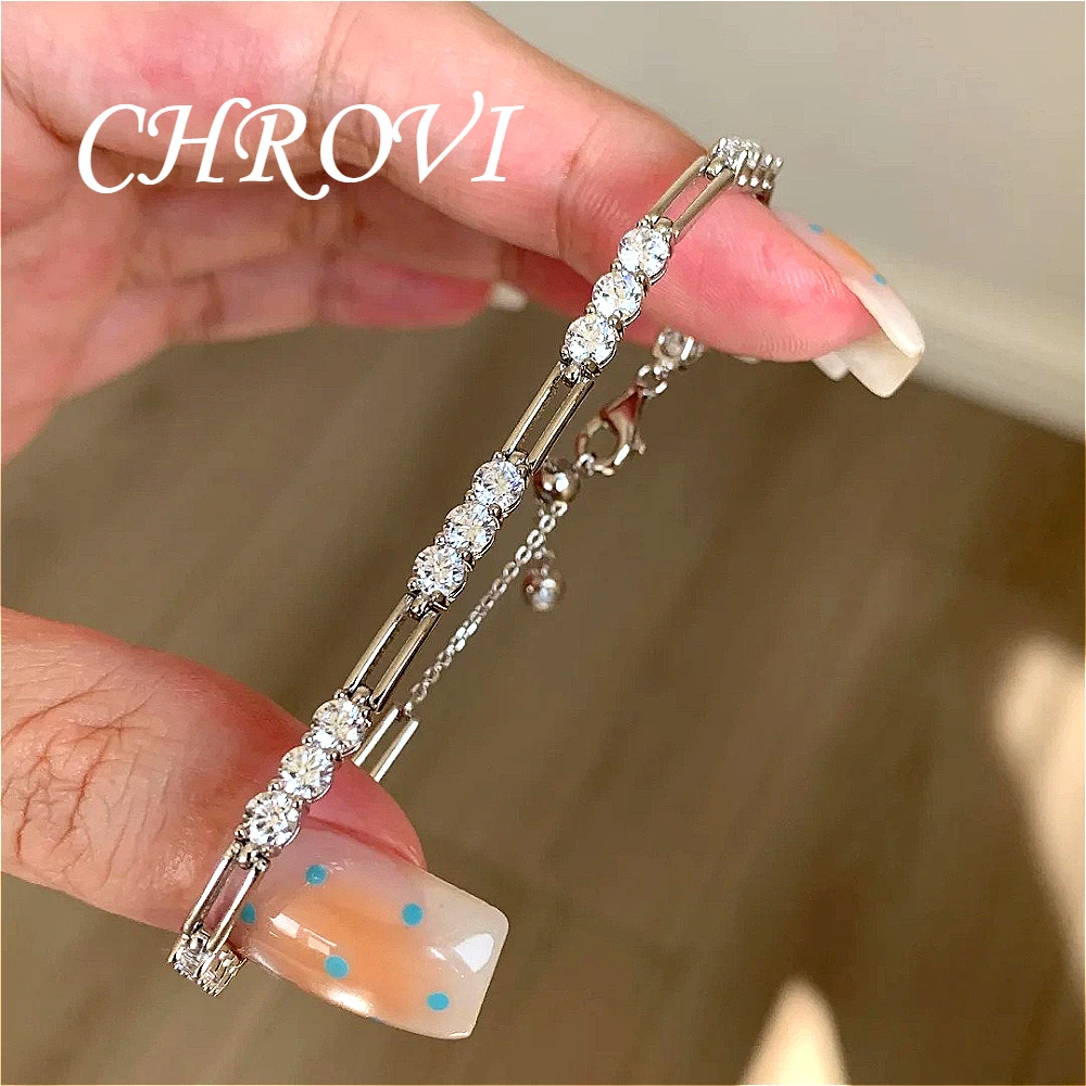 Luxuriöses 925 Sterling Silber Armband mit Glatter Textur, Doppellagig, mit Rundem Diamant und Gebogener Kette – Detail 14