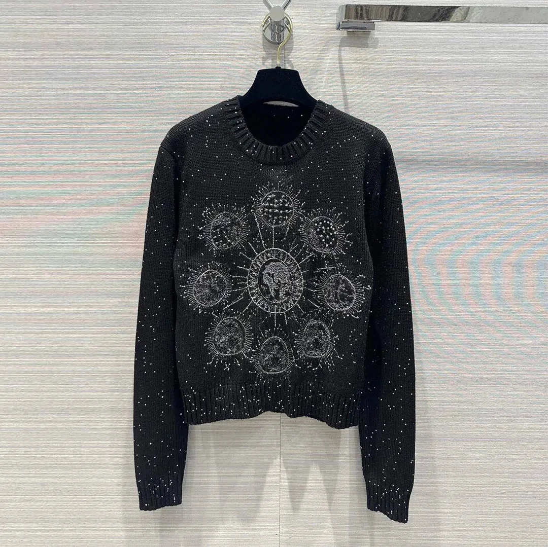 

2024 New Spring Fashion Cashmere Blends Knitted Pullover Women's Sweater O-neck Embroidery Sequins Vintage Casual Jumper