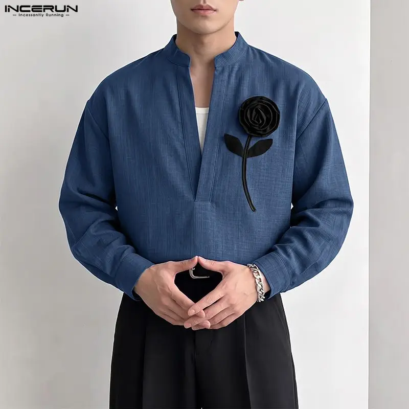 Stylish Men's Shirt Flower Patchwork Deep V Neck Long Sleeve Loose Men Clothes Streetwear 2026 Casual Crop Tops For Man INCERUN