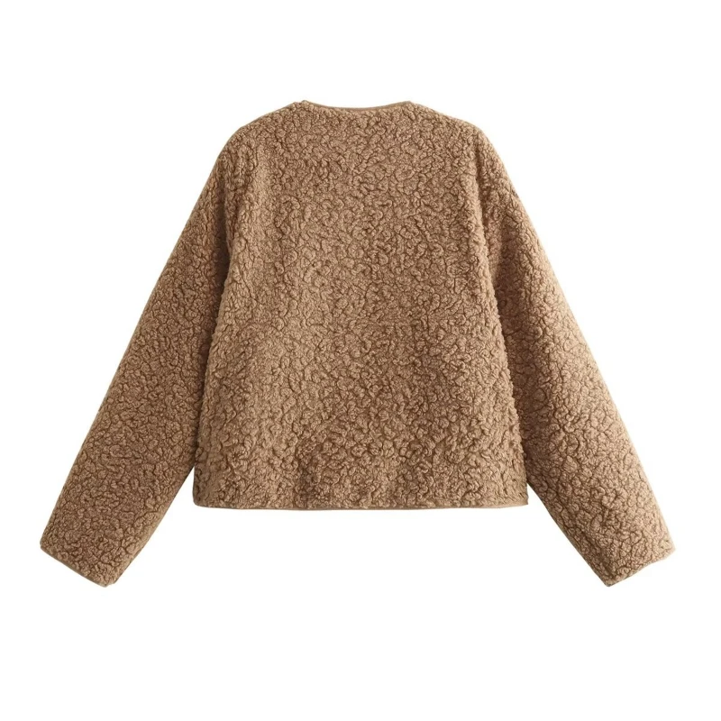 Winter Brown Faux Fur Coats Solid Zipper Stylish O-neck Furry Jacket Fluffy Zip-up Offce Lady Luxury Faux Lamb Plush Coat Casual