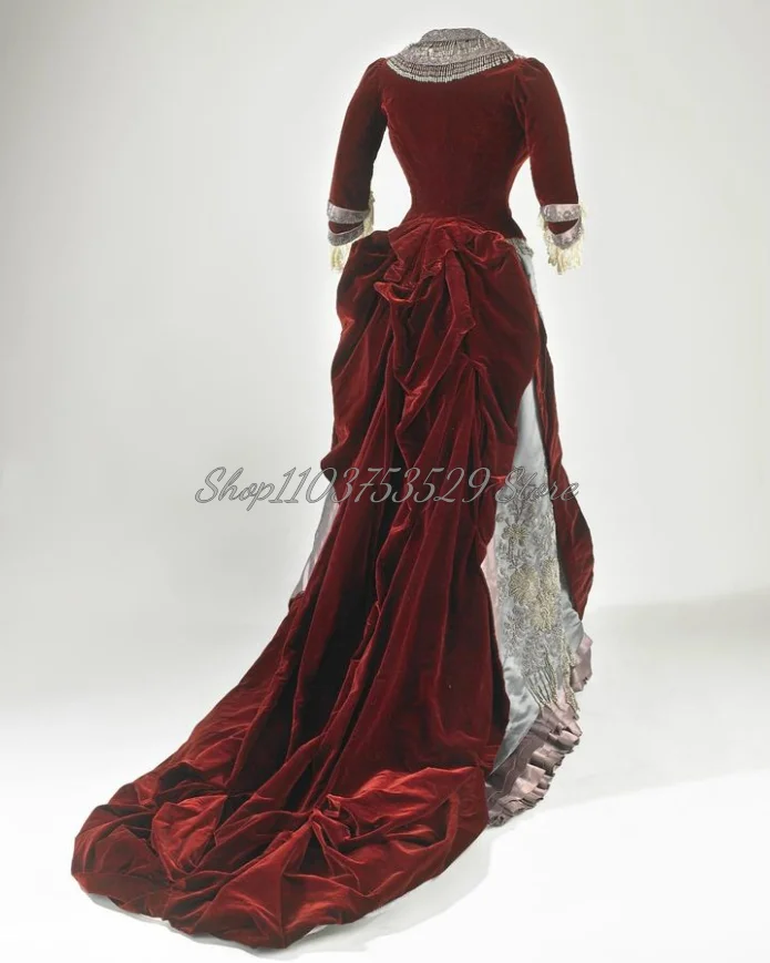 Classic Burgundy Victorian Prom Dresses Delicate Tassel Beaded V-Neck Corset Seven-Part Sleeve Embroidered Pleated Court Style