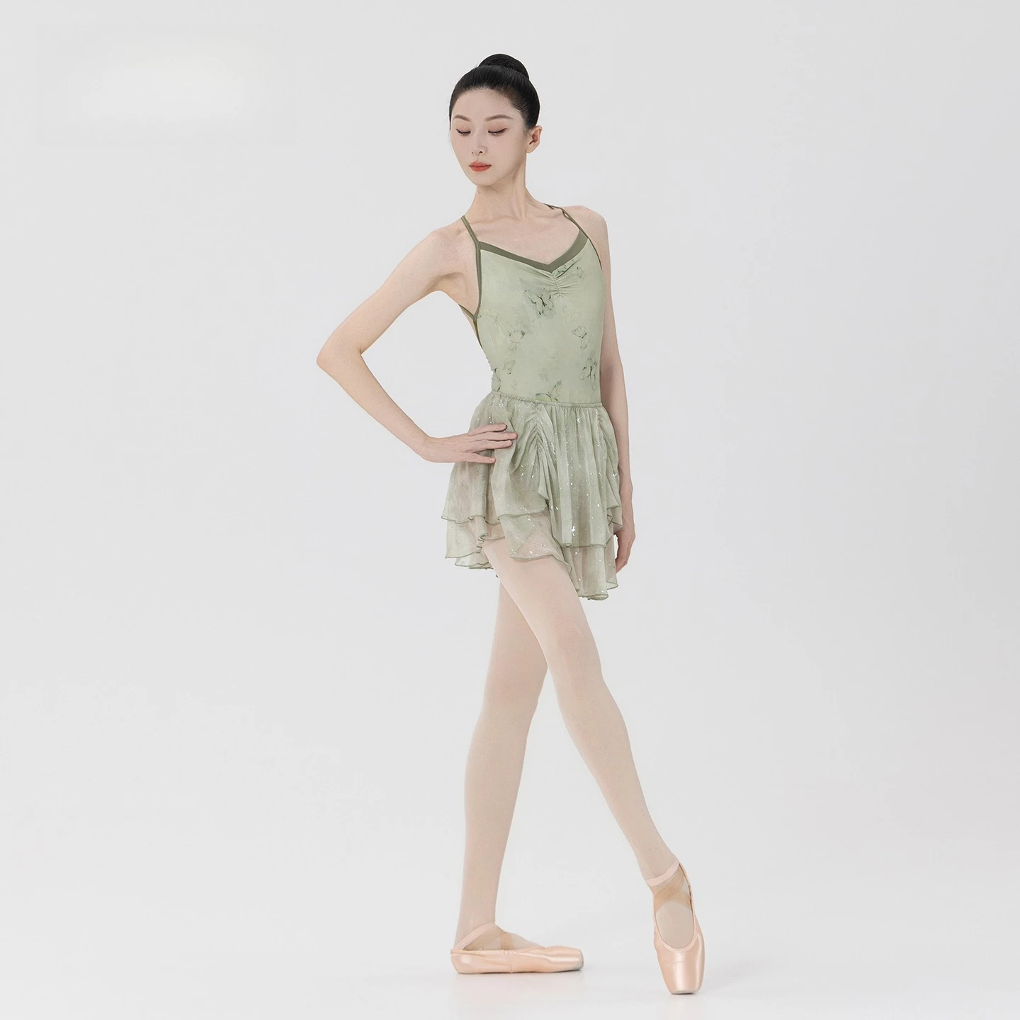 バレエダンススカート二重層シルバー箔プリントメッシュショートフリルチュチュスカート女性アートパフォーマンスボディトレーニングダンスウェア