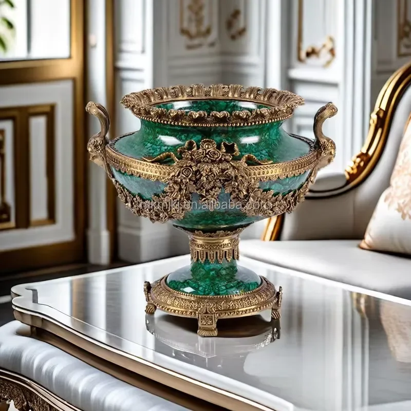 Retro Emerald Flower Pot Natural Peacock Green Decorative Ornament European Brass Ceramic Vase for Villa Hotel Home