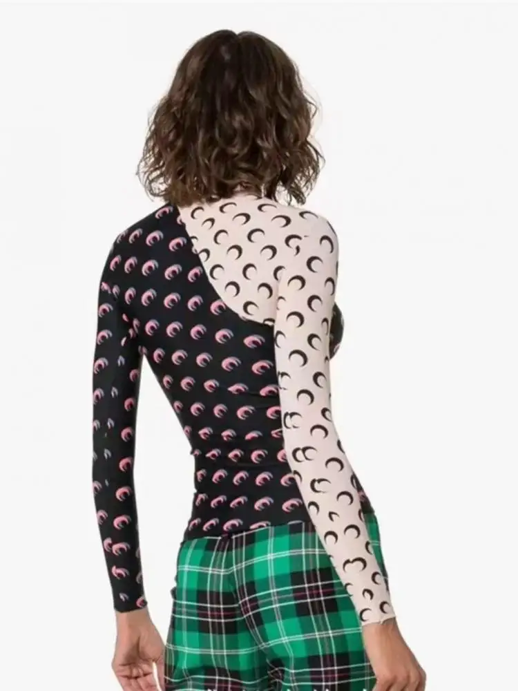 T-shirt da donna con stampa luna a maniche lunghe con giunture a strati Protezione UV Top casual slim fit per il pendolarismo quotidiano Streetwear