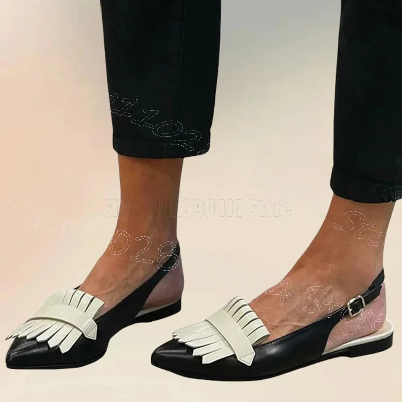 

White Tassels Black Pointed Toe Cut Heel Pumps Buckle Strap Women Shoes Low Top Sexy Party Feast Dating 2024 Zapatos Para Mujere