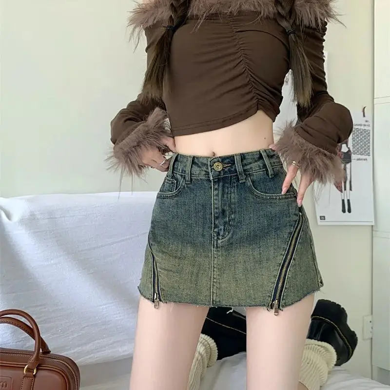 Hsa Designed zipper washed denim skirt for women 2024 spring high-waisted A-line skirt anti-exposure short skirt Culottes