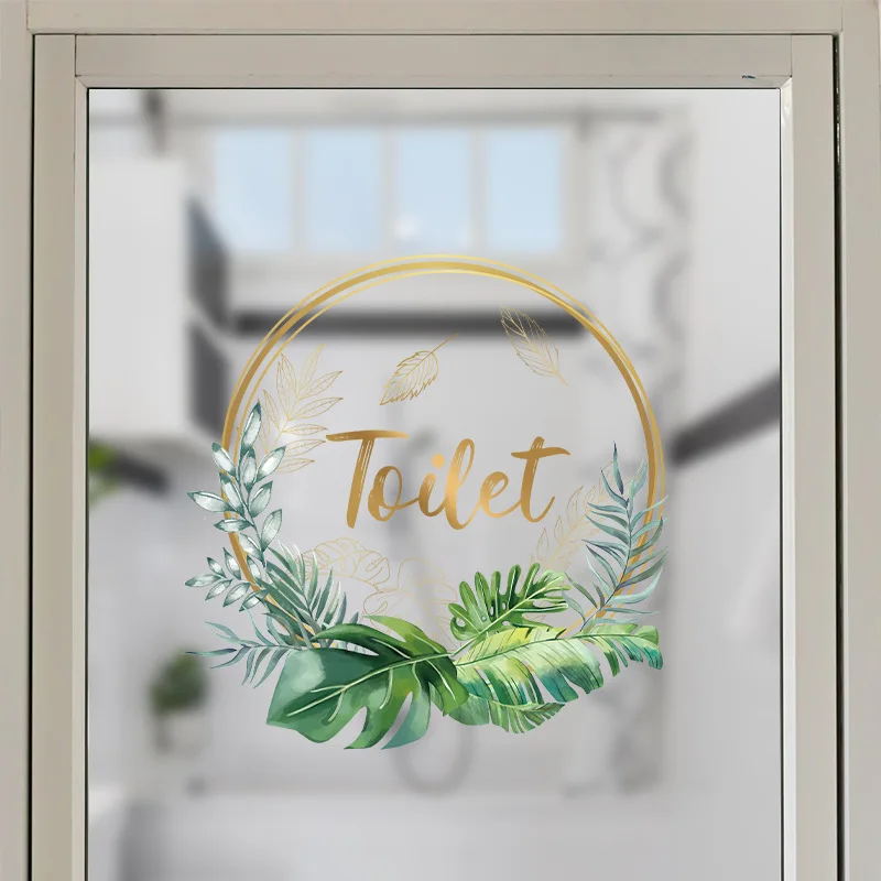 1 piece bathroom door sticker, door creative sticker, green leaf decoration wall sticker, self-adhesive bathroom logo sticker, g