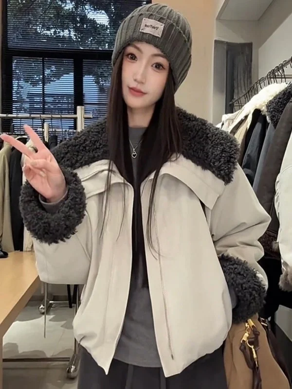 

Корейская укороченная куртка с воротником из овечьей шерсти для женщин, осенне-зимняя, новая модная, приталенная, теплая, на молнии, с карманами, женское пальто