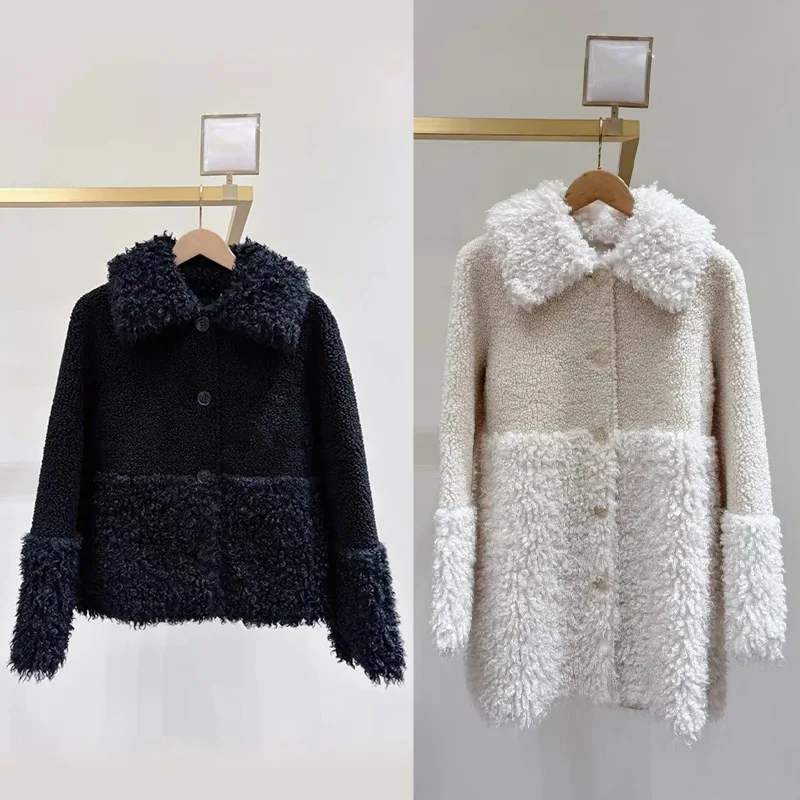 

【Gift Free】2025 French Niche Autumn Winter Cute Lamb Wool Patchwork Fuzzy Faux Fur Easy-Care Lapel Jacket