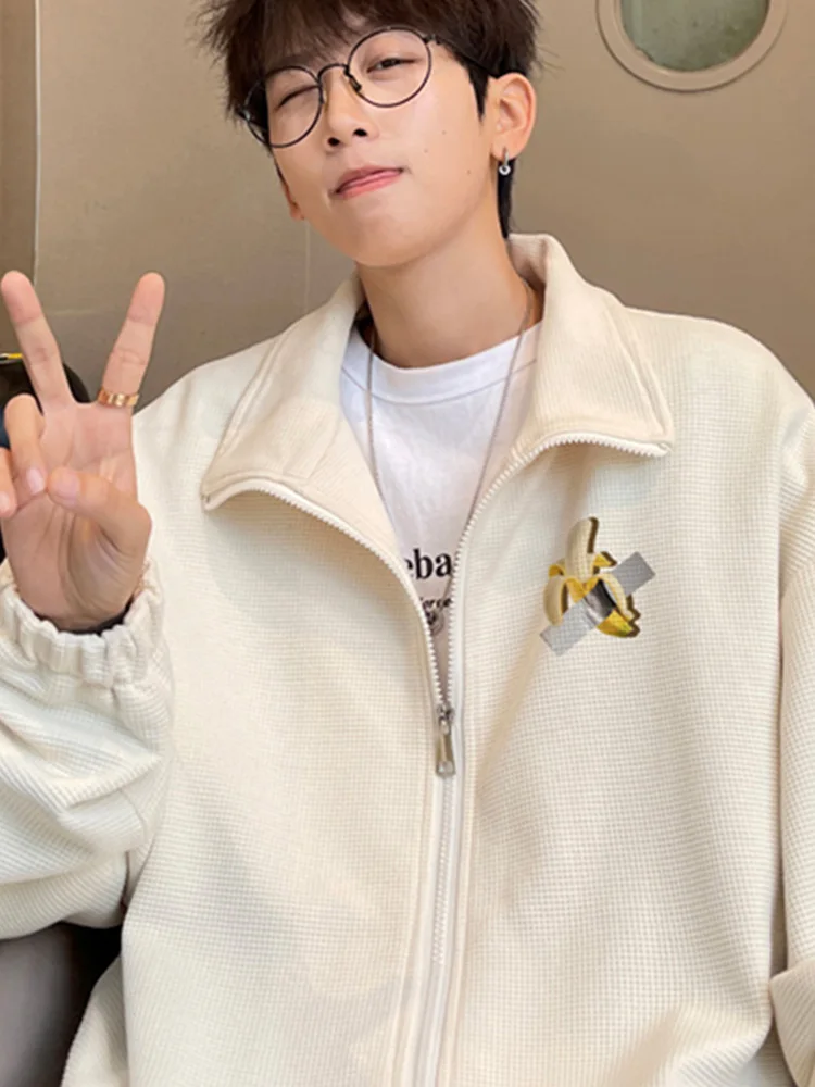 

Куртка свободного кроя для мальчиков-подростков, модный американский бренд, с вафельным узором, на раннюю осень, с большим воротником