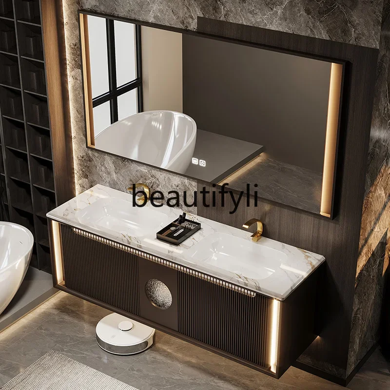 

Oak bathroom cabinet combination Italian light luxury bathroom double basin washbasin hand washbasin
