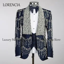 Customized Crystal Men Suits 2 Pieces Sets Groom Wedding Tuxedos With Tassel Diamond Male Prom Blazers Terno Masculino Completo