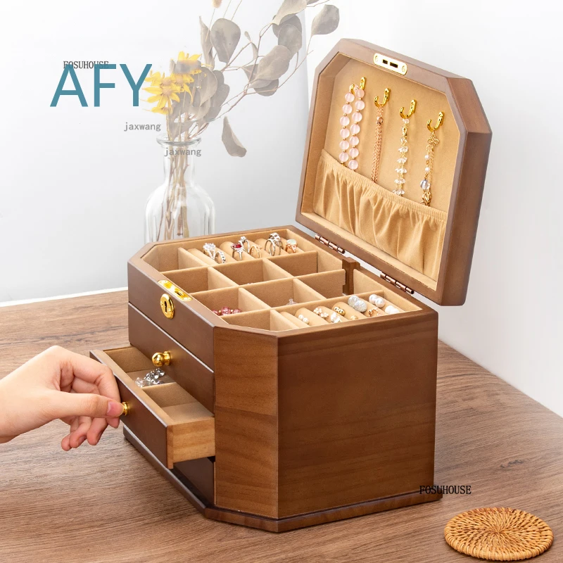 Display Earrings Necklace Jewelry Organizer for Wedding Birthday Gift Solid Wood Case Retro Rings Watch Storage Box with Lock