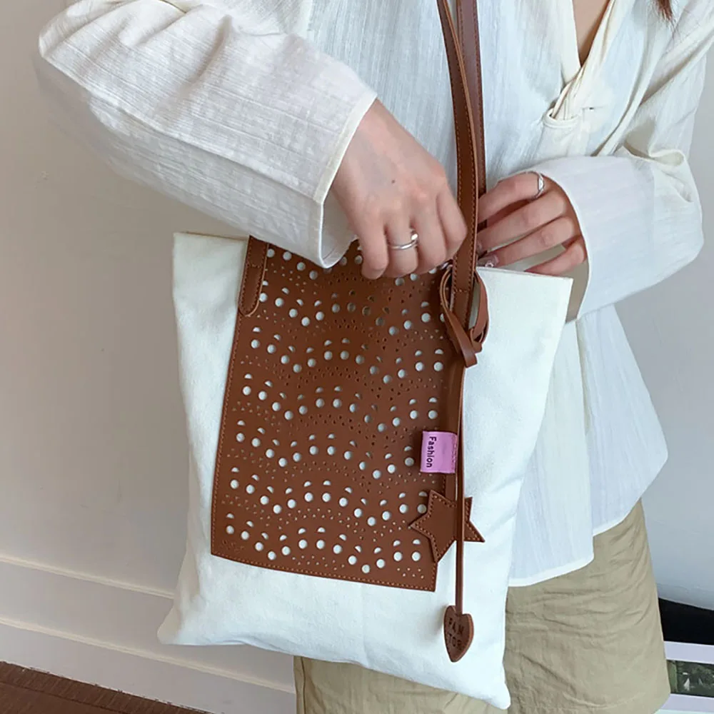 

Large Capacity Single Shoulder Tote Bag Women Exquisite Hollow Out Pu Leather Patchwork Canvas Shoulder Bags Commuting Pack