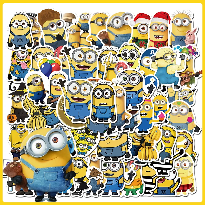 50 buah stiker Minion figur Kevin Bob Stuart stiker tahan air Diy Laptop Skateboard telepon botol bagasi dekorasi mainan anak