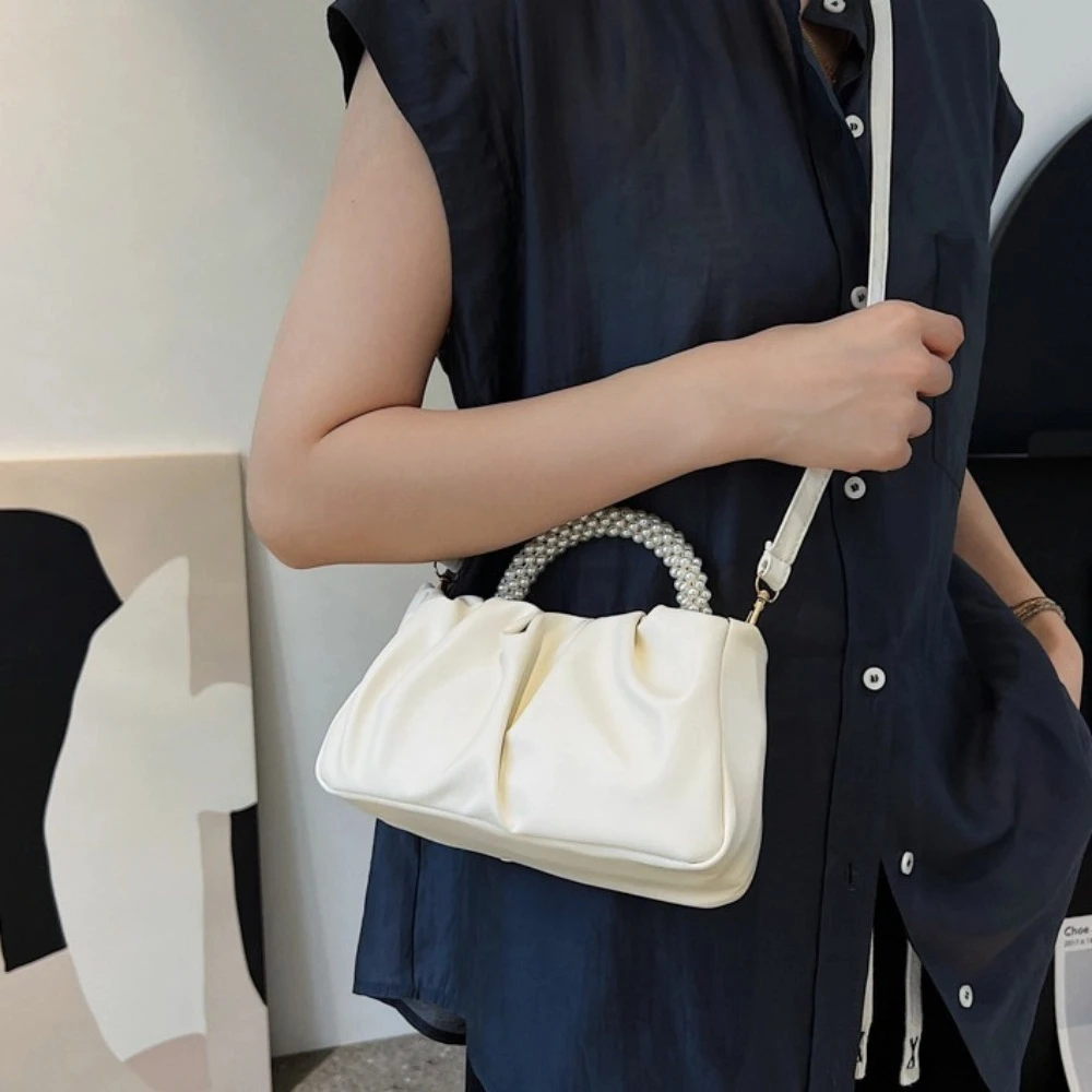 Dumpling Bag Korean PU Cloud Bag PU Leather Imitation Pearl Women Shoulder Bag Portable Wrinkled Crossbody Bag