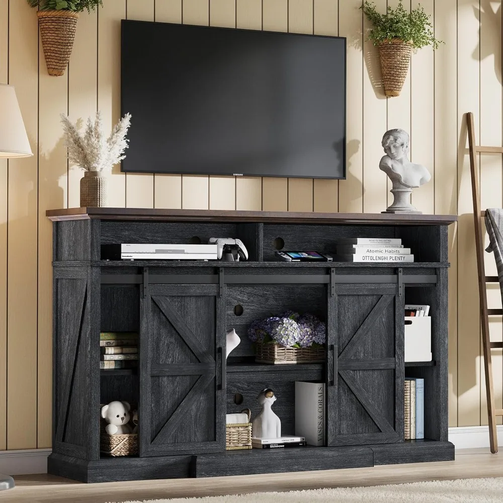 

66 Farmhouse TV Stand with Sliding Barn Doors, 40 Tall Entertainment Center for 75 Inch TVs, Rustic Media Console Table Storage