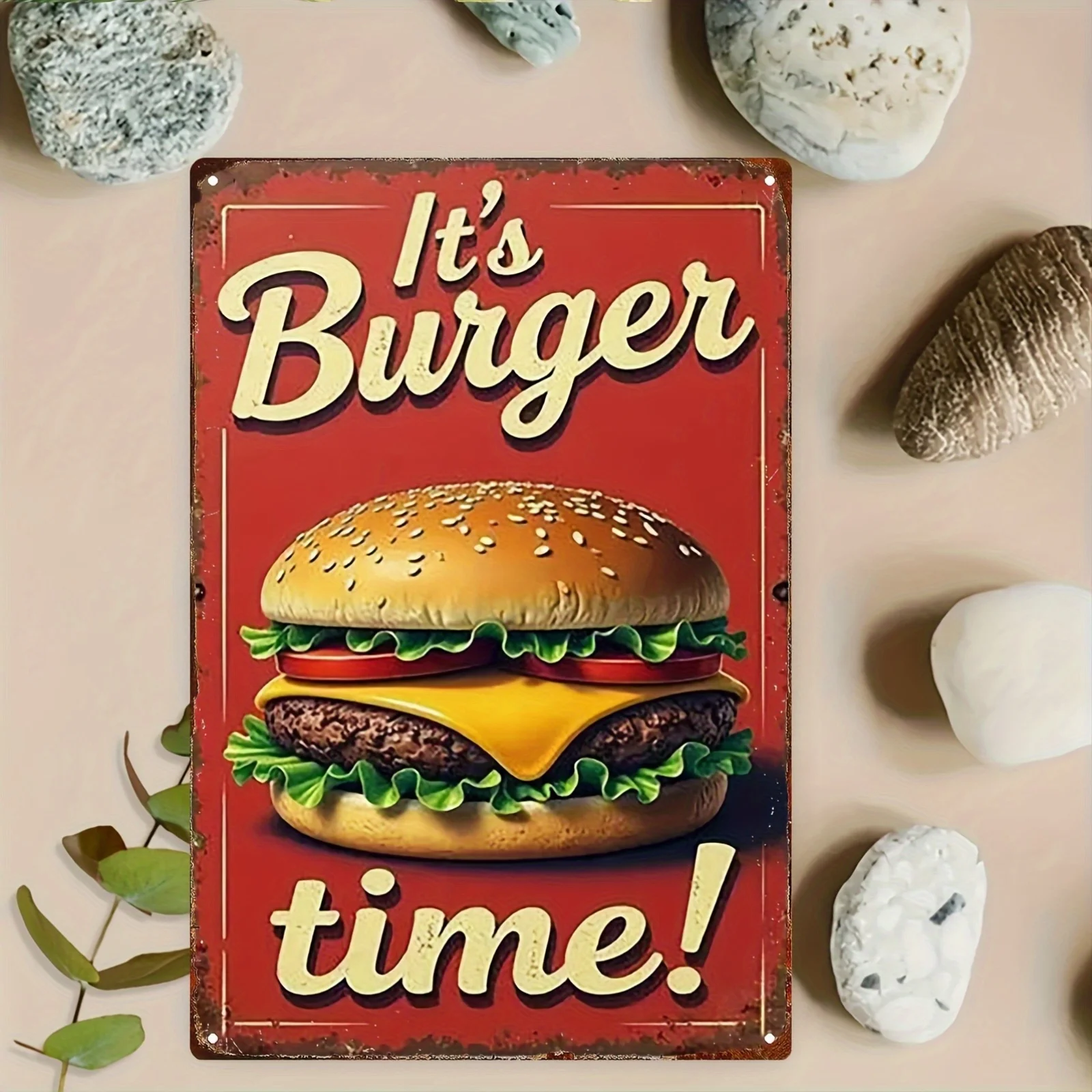 2D Flat - Retro 2D Flat - Vintage Metal Sign for Burger Time - Wall Art Featuring Classic Hamburger Design | Ideal for Home