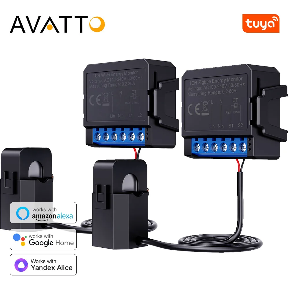 AVATTO Tuya WiFi Smart Digital Energy Meter With Current Transformer Sensor Clamp App Remote Monitor Power For Alexa Google Home