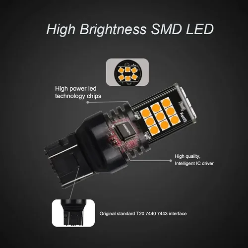 Imagen 2 del producto 2 uds T20 7443 luz de freno Led bombilla de luz de marcha atrás apta para coche Universal 7440 W21W W21/5W luz roja ámbar 12V