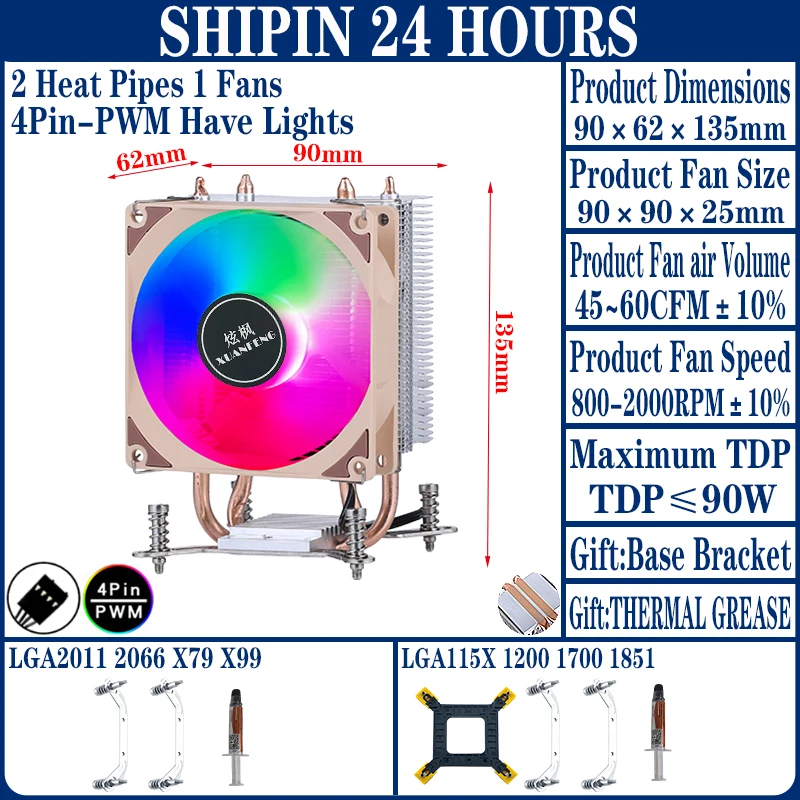Stille CPU-ventilator 90mm PC-processor koeler 2/4/6 heatpipe 3-pins/4-pins universele installatie LGA2011-3 2066 X79 X99 115x 1200 1700 I5 I7