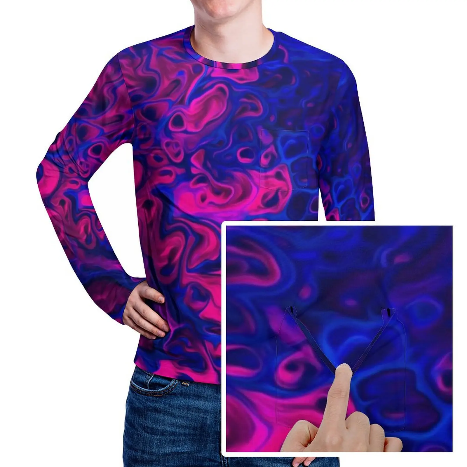 Colorful Liquid T-Shirt Abstract Marble Design Hip Hop T Shirts Pocket Long Sleeve Design Tops Spring Streetwear Oversize Tees