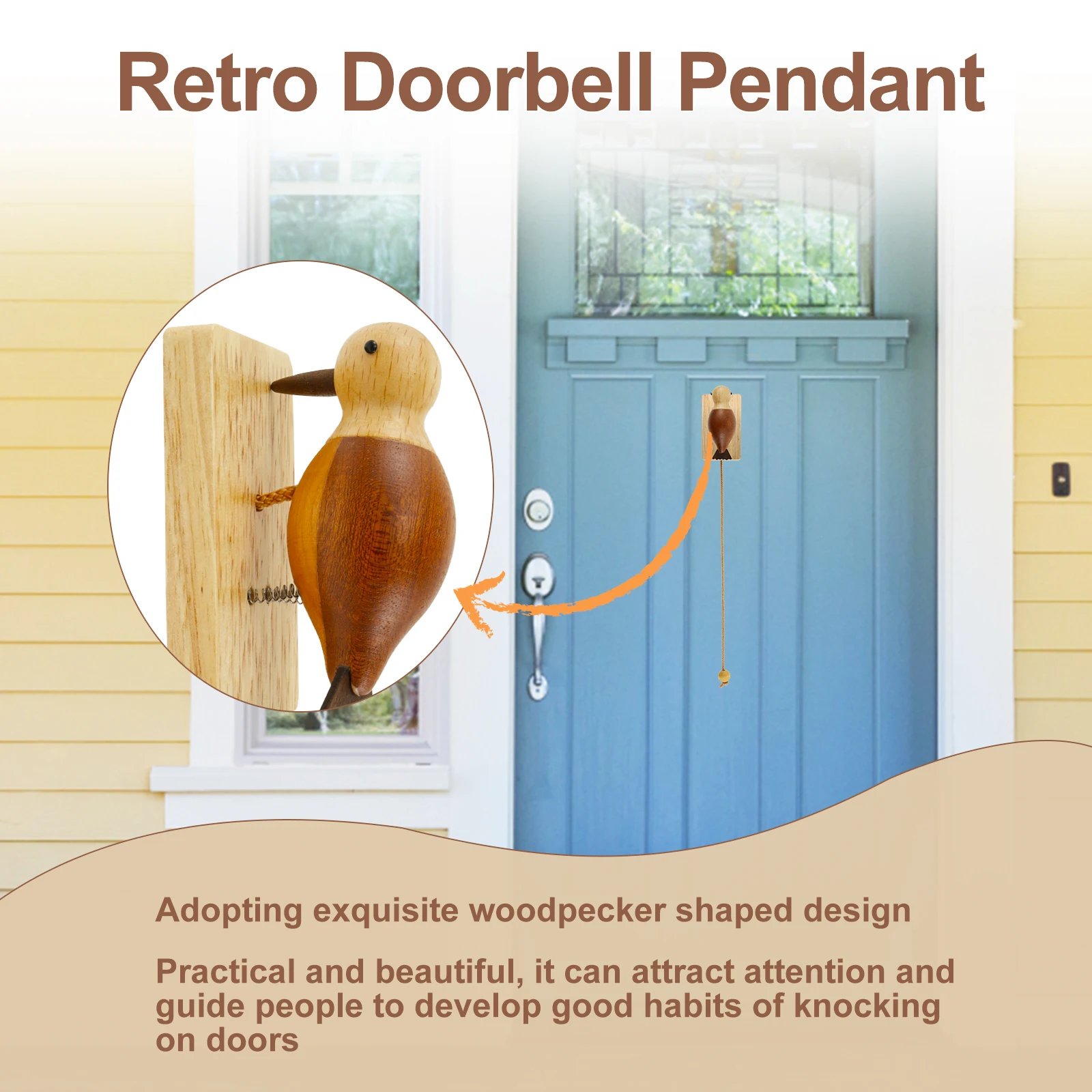 

Креативный дятел, деревянный ретро дверной молоток, подвесной дверной звонок с веревкой, деревянный дятел, дверной звонок, антикварный дверной молоток