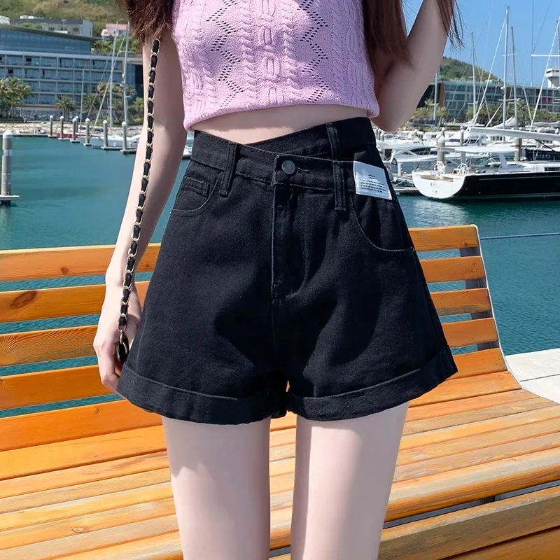 

Джинсовые брюки Bla с высокой талией. Женские универсальные тонкие шорты трапециевидной формы с широкими штанинами и манжетами. Летние модные износостойкие хлопковые брюки...