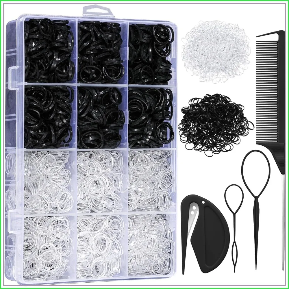 

2200 Pcs Elastic Hair Bands with Styling Tool Set, Clear & Black Hair Ties, Cutter, Organizer Box for Toddler Baby Girl Women