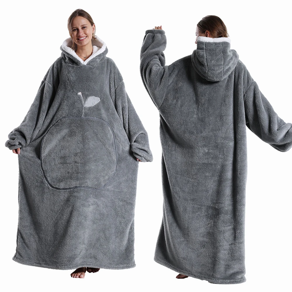 Super Long Wearable Hoodie Blanket Winter Soft Sherpa Plush Fleece Sweatshirts Oversized Warm Robe Blanket for Indoor Outdoor