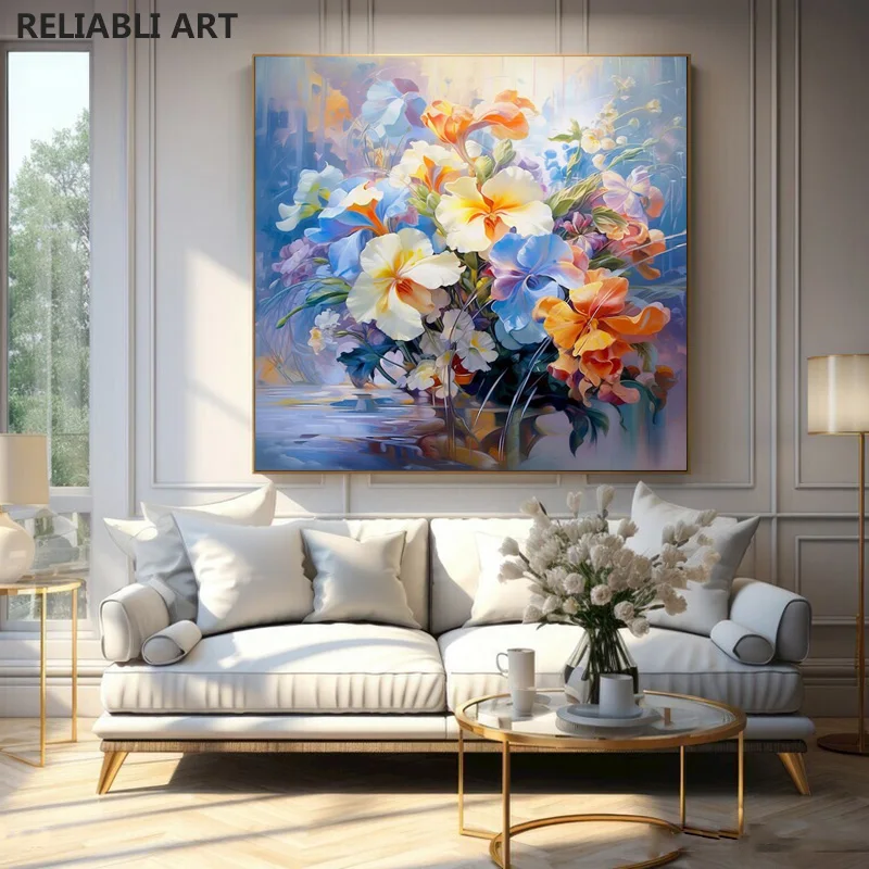 Painting Of Beauty Flowers With Water And A Blue Background,Canvas Print Poster，Wall Art Picture,Cuadros, Home Decoration，No Fra