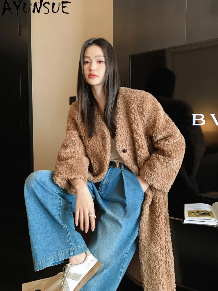 AYUNSUE High Quality Pure Wool Coat Women 2023 Winter Korean Fashion 100% Sheep Shearing Jacket Long Fur Coats Casaco Feminino