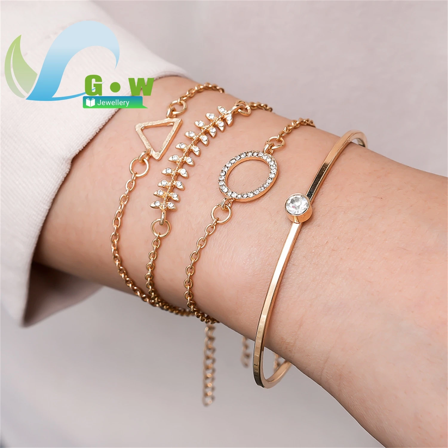 

New Arrival 4 Piece Open Bracelet Set Gold Color Round Triangle Fishbone Design With Zirconia European Style Boho Jewelry