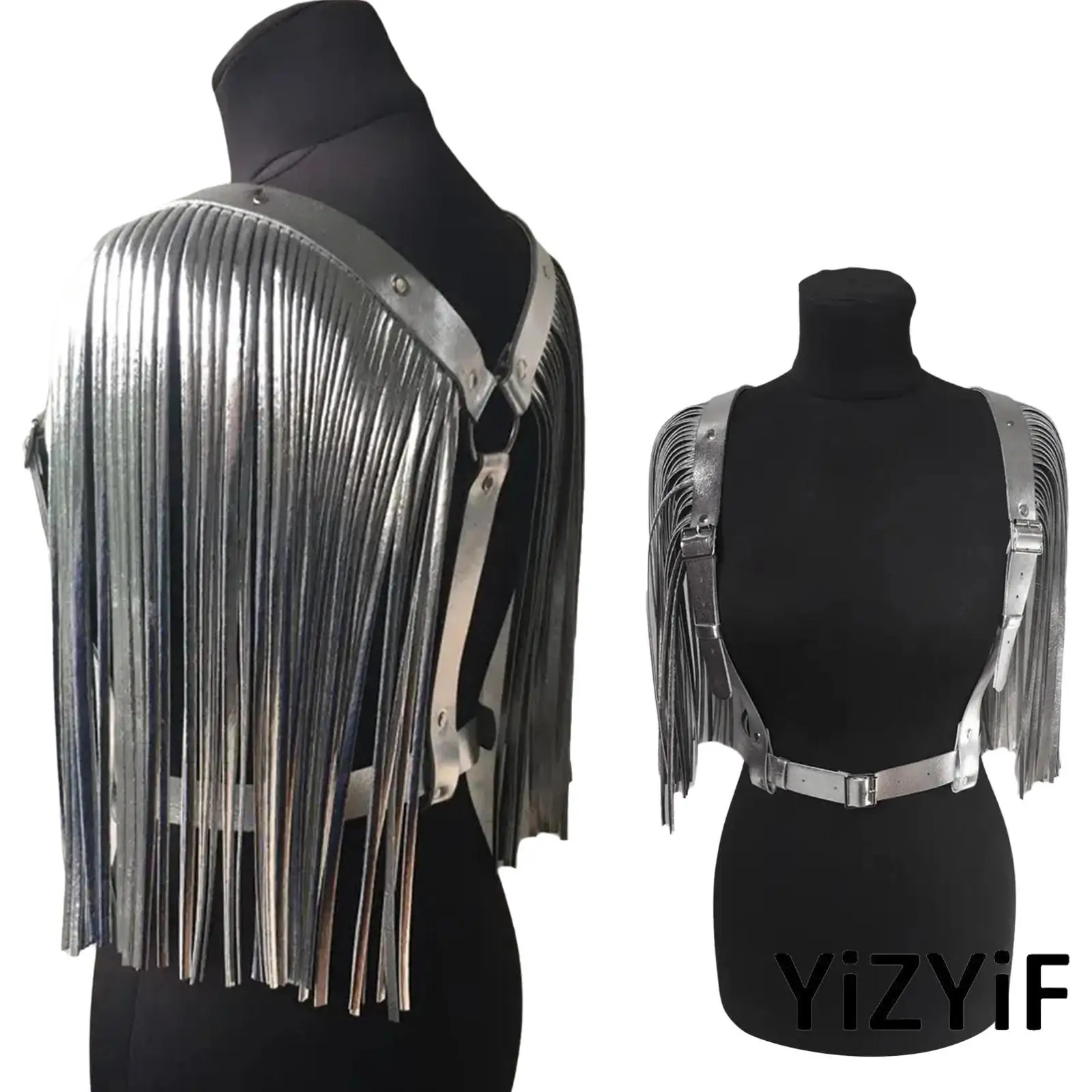 

Goth Faux Leather Tassel Harness Sexy Cape with Adjustable Shoulder Belt Buckle for Nightclub Rave Party Cosplay Accessory