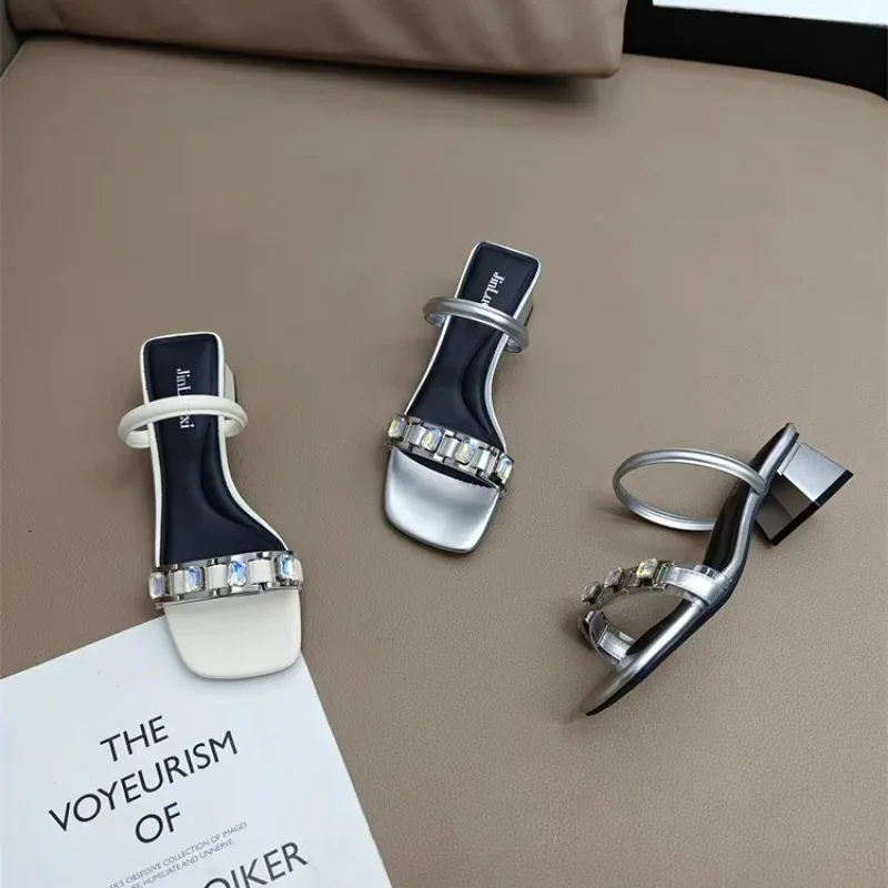 Bling Silver Slippers for Women Shoes Peep Toe Rivet Casual Slides Female Bling Shine Crystal Slippers Square Heel Shoes