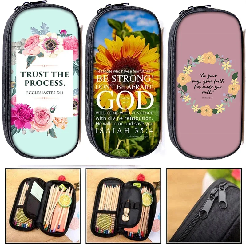 

Christian Bible Verse Print Pencil Bags God He Will Sustain You Girl Casual Floral Pencil Box School Supplies Stationary Bag