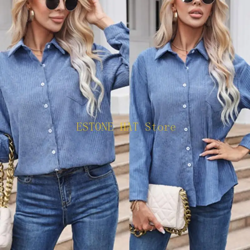 

49MF Women Flannel Shacket Boyfriends Corduroy Button Down Solid Shirts Fall Clothing