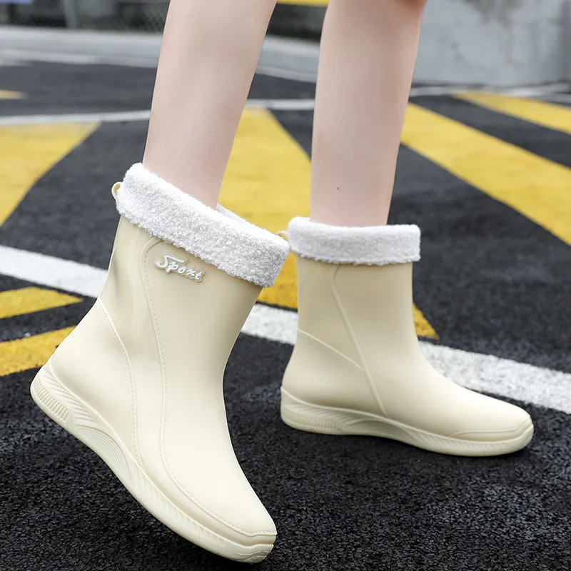 

Fashion Women's Rain Boots Velvet Warm Short-tube Fashion Rain Boots Kitchen Work Car Wash Non-slip Waterproof Rubber Shoes