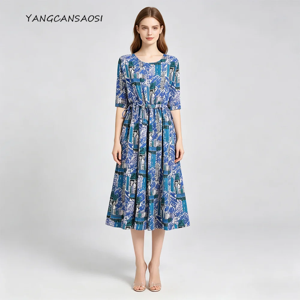 2026 Women's Casual Summer New 100% Natural Mulberry Silk Crepe De Chine Drawstring Round Neck Half Sleeve Printed Dress