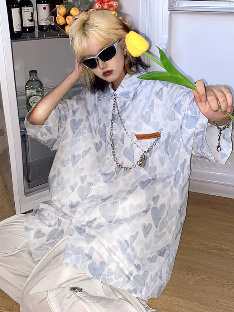 Deeptown Tuen Down Collar Short Sleeve Blouse Women Shirts Elegant Heart Love Print Autumn Casual Y2k Top 2023 Fashion New In